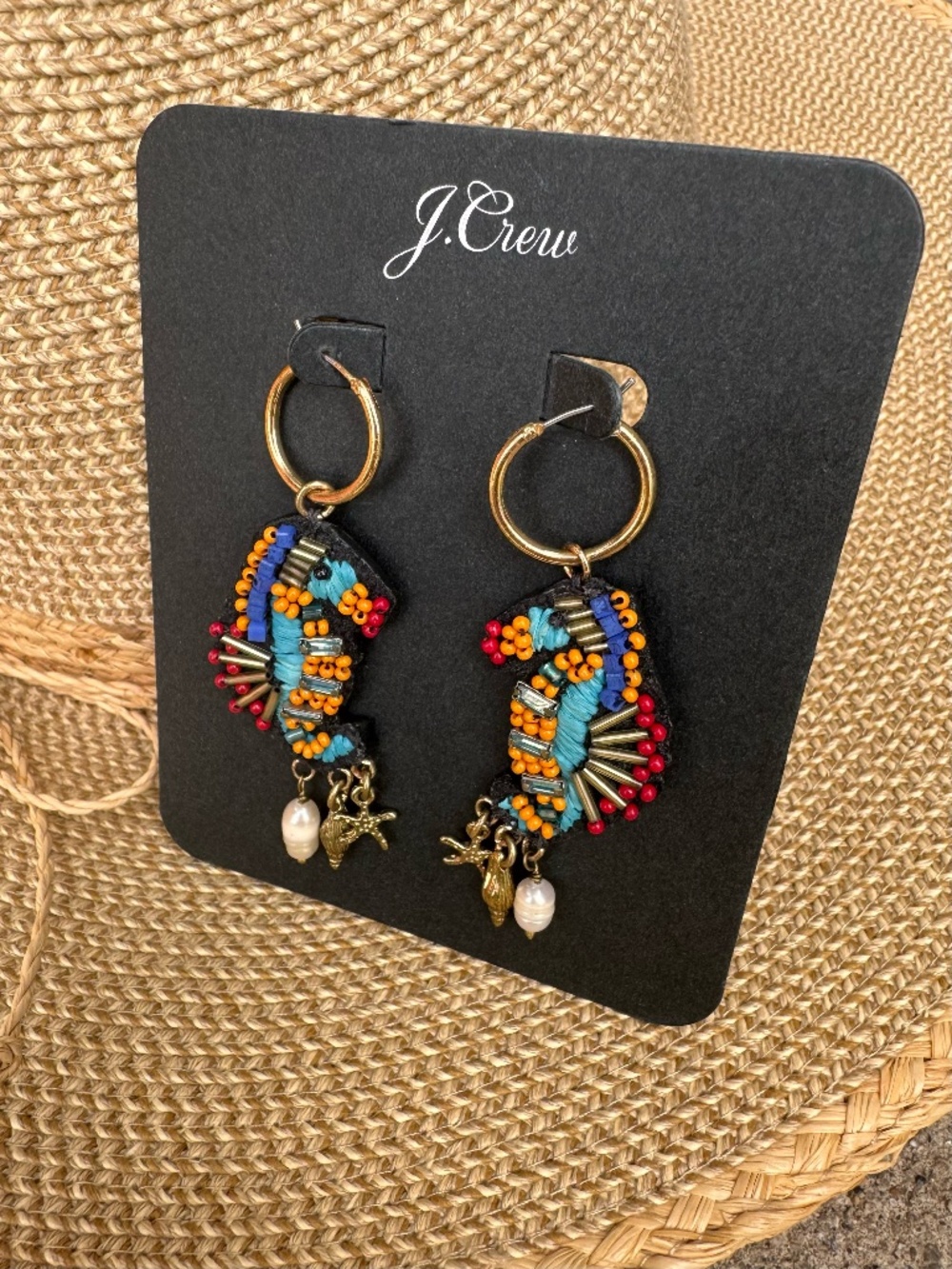 J.Crew Beaded Seahorse Statement Earrings Coastal Nautical Resort Beach NWT